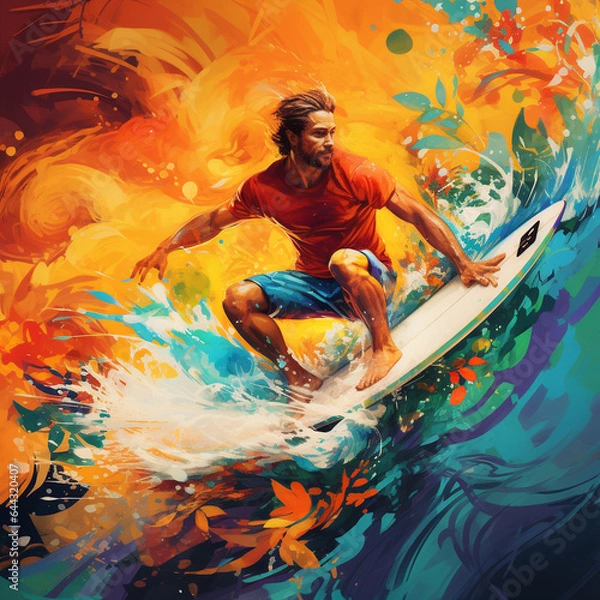 Fototapeta Colorful art design of the sport of surfing in paint and splash style