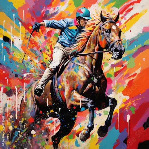Fototapeta Colorful art design of equestrian sport in paint and splash style