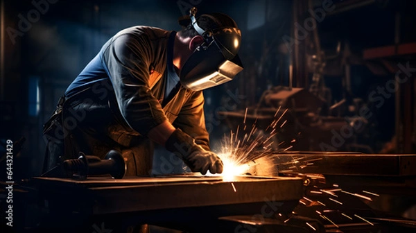 Fototapeta The welder is welding the various parts of the house construction in a factory.