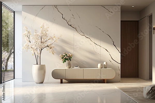 Fototapeta Scandinavian modern interior design of light entrance hallway in minimalist style with marble wall