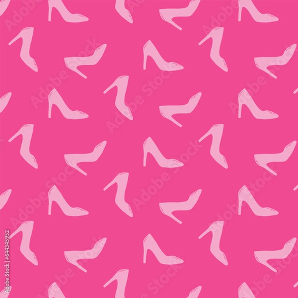 Fototapeta Vector seamless pattern with glamorous women shoes. Barbicore print. Pink pattern with shoes.