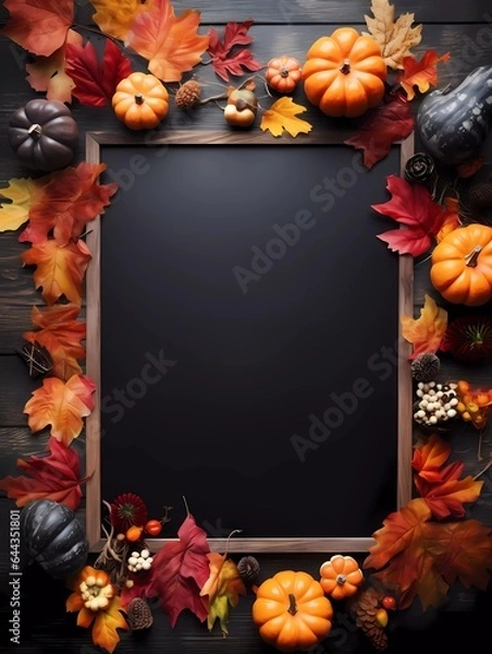 Fototapeta Autumn Halloween decorations signboard background. Pumpkins and autumn orange leafs on a dark background. Autumn Holiday Halloween. Generative AI