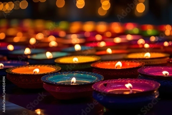 Fototapeta Happy diwali diya lamps lit up for dipavali Hindu festival of lights celebration