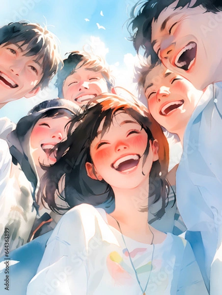 Fototapeta 夏空の下、満面の笑顔がさわやかな若者グループの水彩画