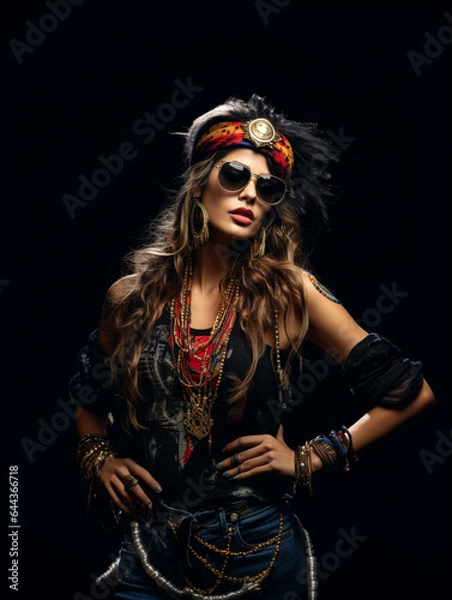 Fototapeta Partying woman portrait with bohemian style. Isolated black background. Generative AI.