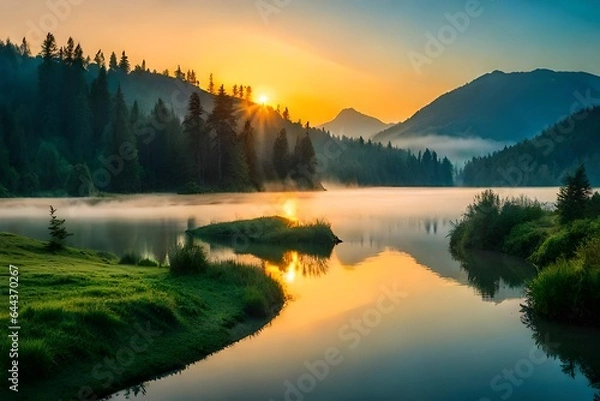 Obraz sunrise over the lake generated by ai