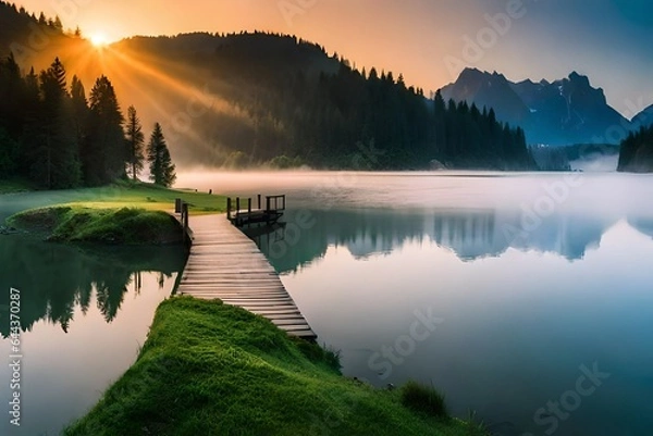 Obraz mist over the lake generated by ai