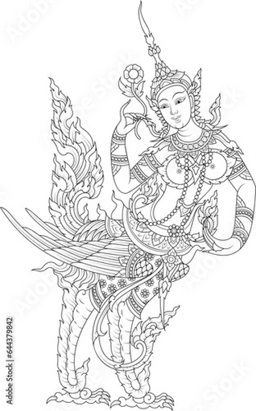 Obraz Thailand girl fantasy vector, her name Kinnaree. Buddhism religious line art character design.