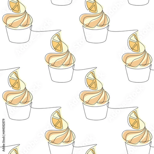 Fototapeta Cream lemon cake muffin cupcake line icon seamless pattern vector. Cartoon linear dessert backdrop. Outline continuous doodle illustration. Kitchen wallpaper, background, print, graphic design, card.