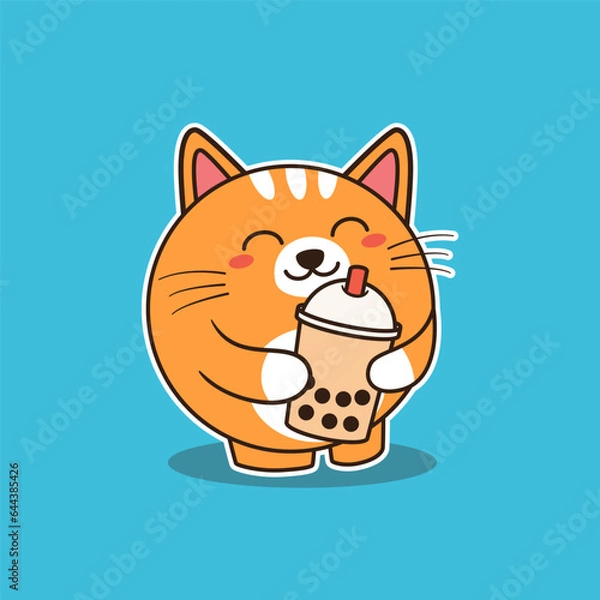 Obraz Cute Orange Cat Hugging Bubble Tea Vector Illustration