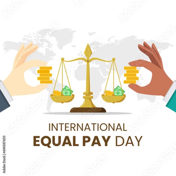 Fototapeta Vector graphic of money scales and hands holding coins cartoon for equal pay day celebration with flat design