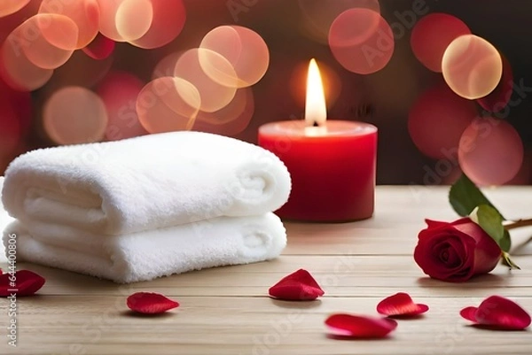 Obraz White towels folded on a table with red rose petals around it. Created with generative Ai technology.