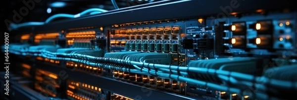 Fototapeta Server room with switch, internet cables and wires. Fiber optic equipment in data center. Network background, panorama.
