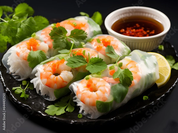 Fototapeta Vietnamese shrimp spring rolls (Gỏi Cuốn). Asian vietnamese food shrimp wrap. Vietnamese fresh spring rolls with prawn. Shrimp spring rolls with peanut sauce Vietnam street food menu | Generative AI