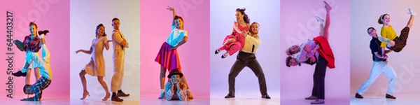 Fototapeta Collage. Stylish men and women dancing in retro clothes multicolored background in neon light. Vintage. Concept of art, choreography, creativity, hobby, movements. Banner, flyer, ad