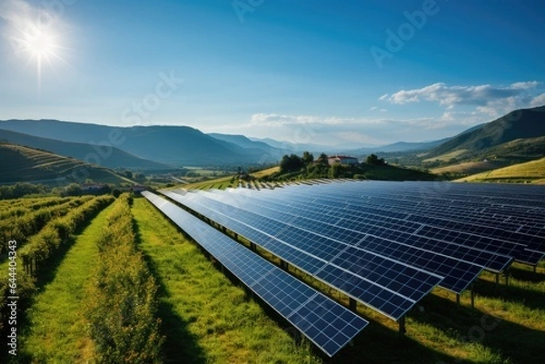 Fototapeta Solar panels fields on the green hills. concept of alternative electricity source.