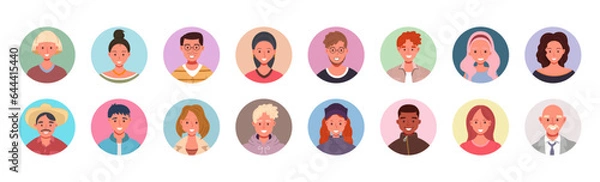Obraz Collection of people avatars. User portraits in circles. Male and female human face icons. Smiling characters vector illustration. 
