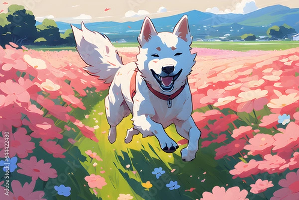 Fototapeta Draw me a Jindo dog running through a flower field. Generative AI
