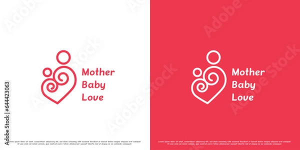 Fototapeta Mother child love logo design illustration. Abstract creative character silhouette mother child baby shape love heart affection. Modern simple happy family parenting family parenting icon template.