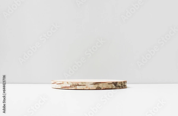 Fototapeta Natural background with wooden block, podium for cosmetics or food presentation