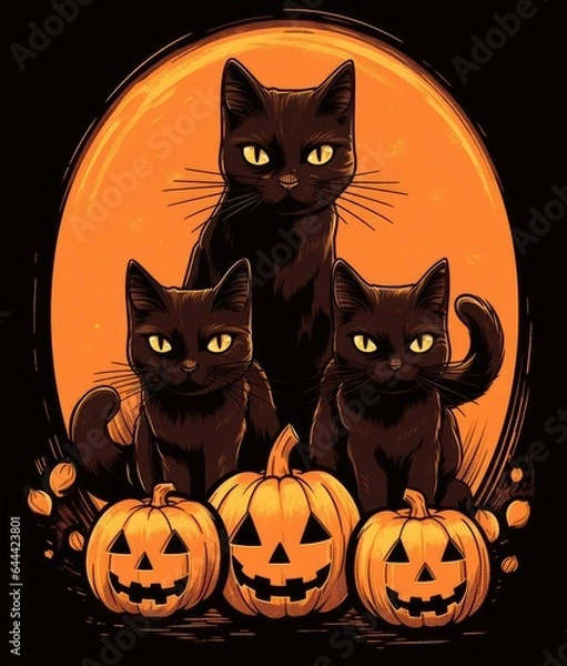 Fototapeta Halloween Black Cats with Pumpkins Under the Enigmatic Glow of a Full Moon