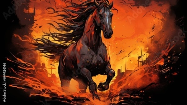 Fototapeta Majestic Black Horse Running Amidst a Fiery Background Dynamic Equine Motion in a Blaze of Power Illustration 