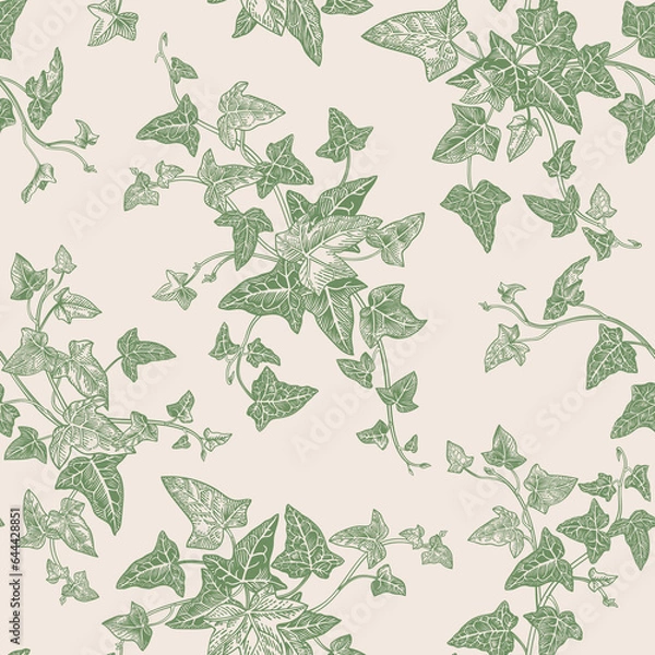 Fototapeta Floral seamless pattern with ivy branches. Classic background with plants. Vector plant illustration. Green. Engraving style