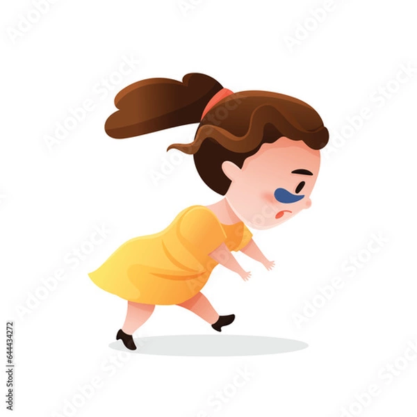 Fototapeta Cute woman in cartoon style with eye patches running somewhere. Female character with masks under eyes hurrying, isolated on white background