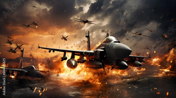 Fototapeta fighter planes on the battlefield with a hail of bullets and bombs