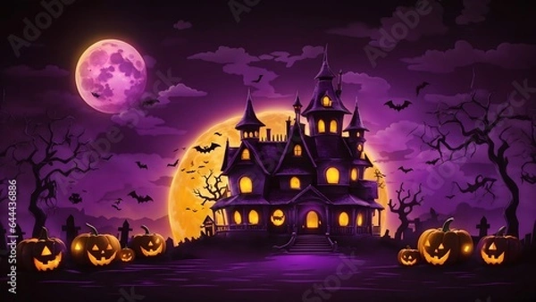 Fototapeta Happy halloween background with scary pumpkins with spooky castle, flying bats and full moon.  illustration for happy halloween card, flyer, banner and poster AI Generative