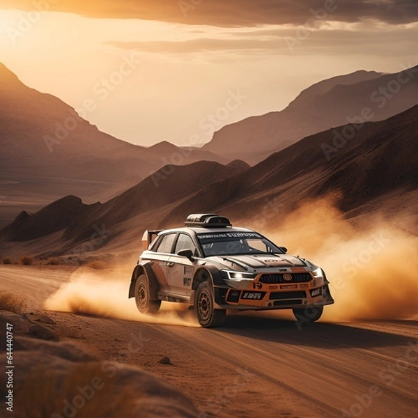 Fototapeta rally car on dusty dirt road, ai generative