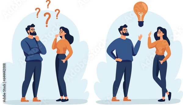 Fototapeta Flat vector illustration. A woman and a man are discussing issues, thinking about making a decision, coming up with an idea. The concept of finding the right solution and idea. Vector illustration