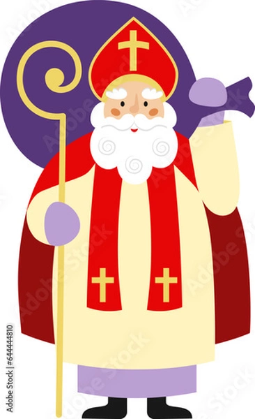 Obraz Sinterklaas or Sint-Nicolaas (Saint Nicholas) cute cartoon illustration. Christmas or winter holiday theme. Happy Saint Nicholas Day.