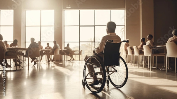 Fototapeta Rear view of Indian man in a wheelchair with office colleagues. Generative AI