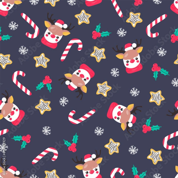 Fototapeta Seamless Christmas pattern with deer face, cookie, holly, sugar cane and snowflake. On a dark background. Print for fabric, wrapping paper or wallpaper. New Year and winter holidays background