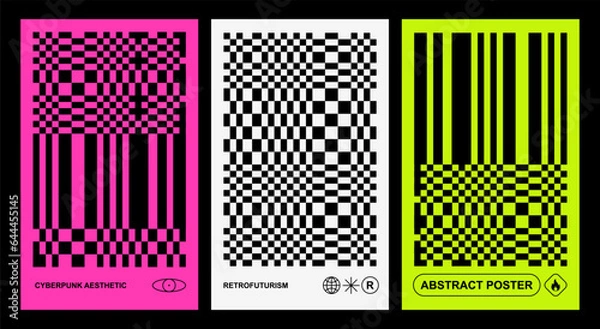 Fototapeta Retro cybernetyczne minimalne wydruki geometryczne. Rave 90 Neo Brutalizm, efekty usterki, iluzja OP-ART. Kolor neonowy, czarna siatka. Brutalne plakaty z pary, estetyka cyberpunkowa, projekt graficzny. Kod kreskowy QR, ikony