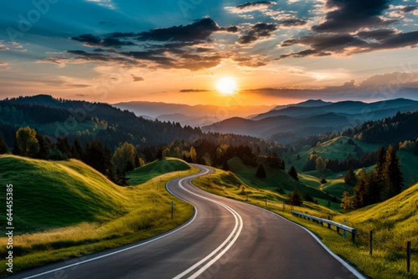 Fototapeta A  winding road going into the distance by the setting sun, mountains on the horizon, green hills and forest on the sides