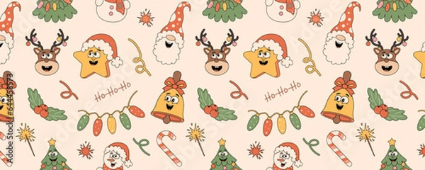 Fototapeta Vintage retro seamless pattern with funny cartoon characters. Christmas background gnome, tree, gifts, star, garland. Vector illustration
