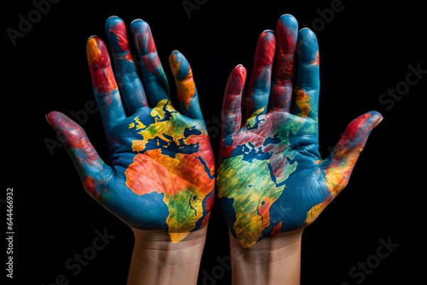 Fototapeta A colorful world map painted on both palms