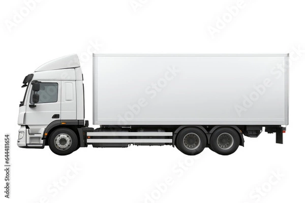 Obraz Side view of isolated white trailer truck on cutout PNG transparent background