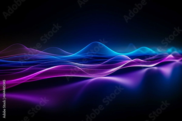 Obraz Abstract blue and purple illuminated smooth wavy curved lines, texture on dark technology background. Digital data visualization. Tech, business, science concept. AI generated illustration.