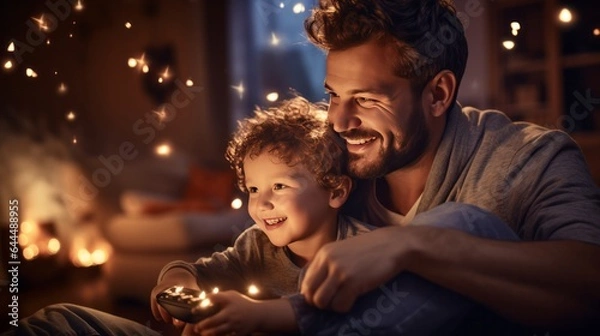 Fototapeta Photo of a father and child enjoying a cozy moment by the Christmas tree