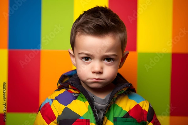 Obraz Studio portrait of a little boy being skeptical and critical, isolated on colorful background. Kids emotions or moods concept. Generative AI