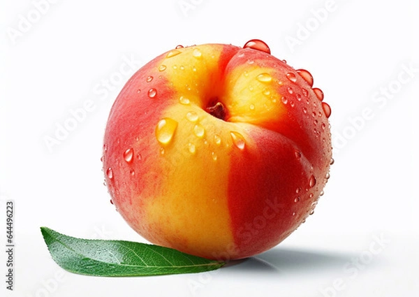 Obraz Large wet peach with leaf on white background.Macro.AI Generative