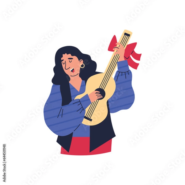 Fototapeta Happy gypsy man playing guitar flat style, vector illustration