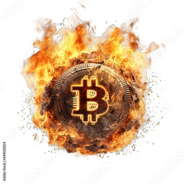 Fototapeta  Burning bitcoin isolated on a transparent background, PNG .