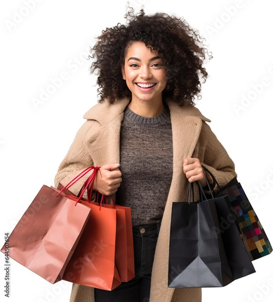Fototapeta Woman holding shopping bags in both hands, smiling and happy. Could be Black Friday, Cyber monday or spring sale. Isolated on a transparent background.