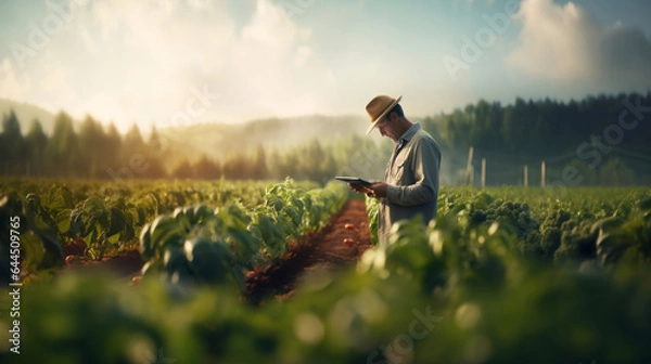 Fototapeta Farmer using a digital tablet in a field. Farming, agriculture and environmental technology