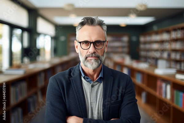 Fototapeta Generative AI photo of clever successful confident worker standing in modern class room in front of library bookshelf