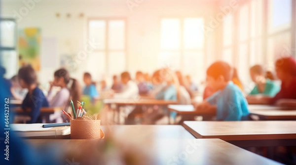 Fototapeta A Blurry or out - of - focus image of elementary school classroom with students sitting and studying, abstract design for background.